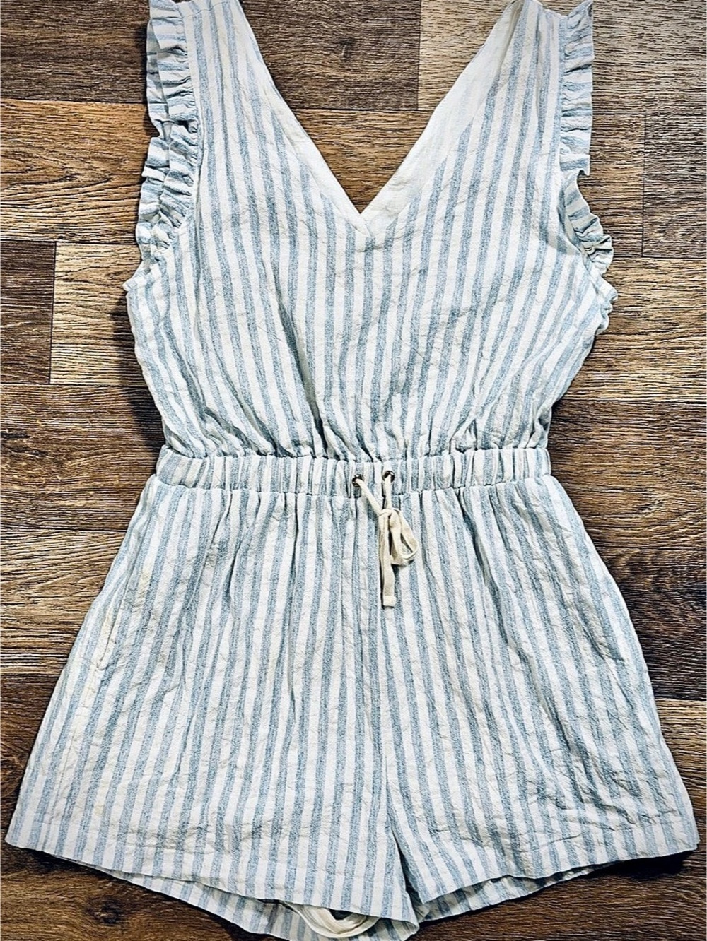 A New Day Striped Ruffle Romper in Blue & White Like New